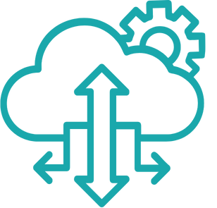Wolke mit Zahnrad im Hintergrund. Pfeile kommen aus der Wolke, wie Regen.